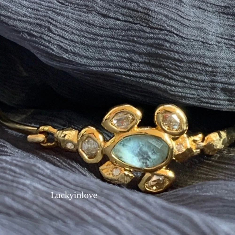 ALEXIS BITTAR NEW Gold Aqua Stone Crystals Byzantine Flower Hook Bangle Bracelet